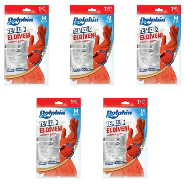 Dolphin Lateks Bulaşık Temizlik Eldiveni - Kırmızı - Orta Boy ( Medium ) - 8-8,5 - 5 Paket