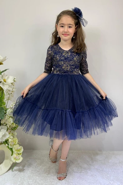 Kordone Dantel Sırt Fermuarlı Kız Çocuk Tütülü Abiye ürün görseli 1