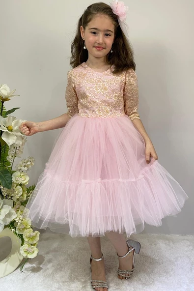 Kordone Dantel Sırt Fermuarlı Kız Çocuk Tütülü Abiye - Resim 4