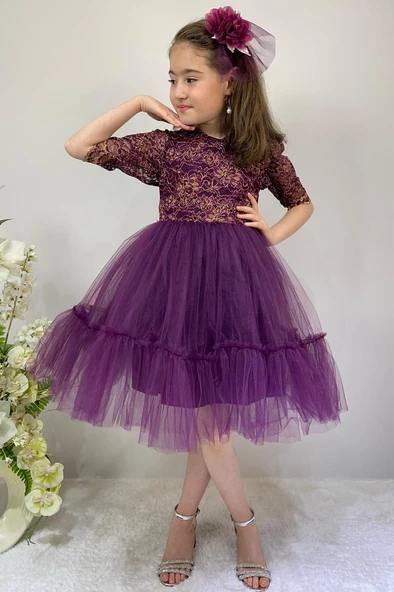 Kordone Dantel Sırt Fermuarlı Kız Çocuk Tütülü Abiye - Resim 5