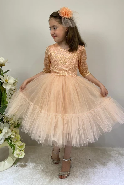 Kordone Dantel Sırt Fermuarlı Kız Çocuk Tütülü Abiye - Resim 12