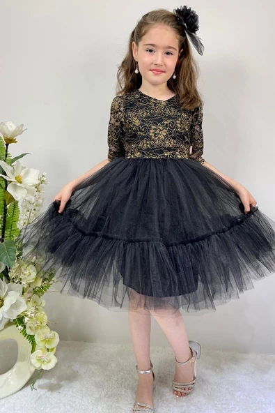 Kordone Dantel Sırt Fermuarlı Kız Çocuk Tütülü Abiye - Resim 7