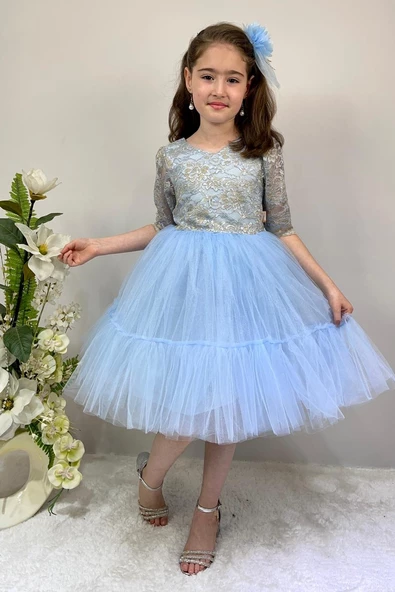 Kordone Dantel Sırt Fermuarlı Kız Çocuk Tütülü Abiye - Resim 6