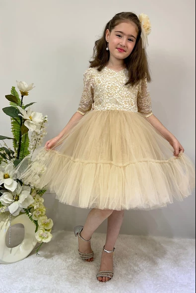 Kordone Dantel Sırt Fermuarlı Kız Çocuk Tütülü Abiye - Resim 9