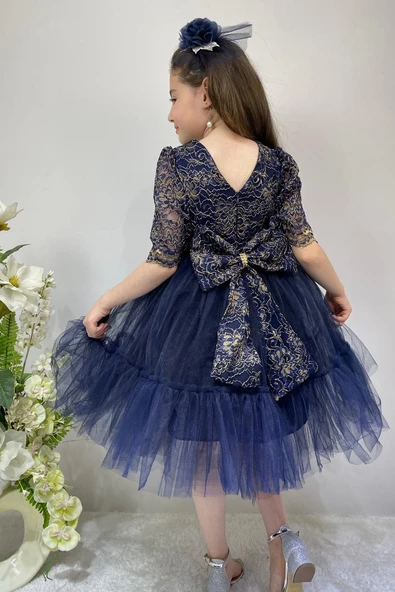 Kordone Dantel Sırt Fermuarlı Kız Çocuk Tütülü Abiye - Resim 10