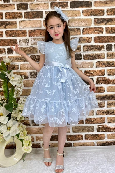 Kelebek Motif Dantel Tokalı Kız Çocuk Elbisesi