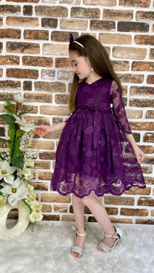 Sarmaşık Motif Kız Çocuk Dantel Yazlık Uzun Kol Elbise