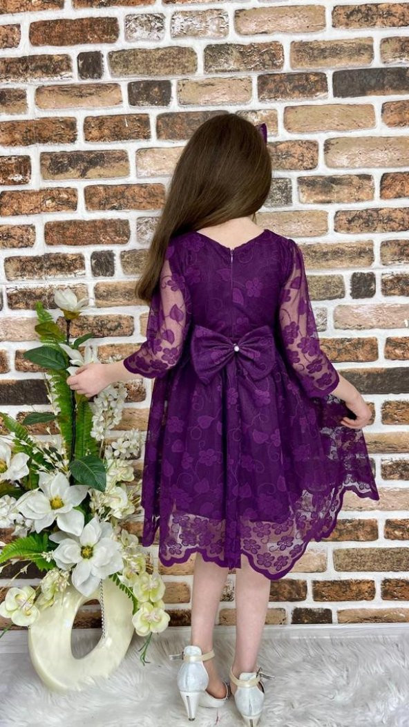 Sarmaşık Motif Kız Çocuk Dantel Yazlık Uzun Kol Elbise - 3