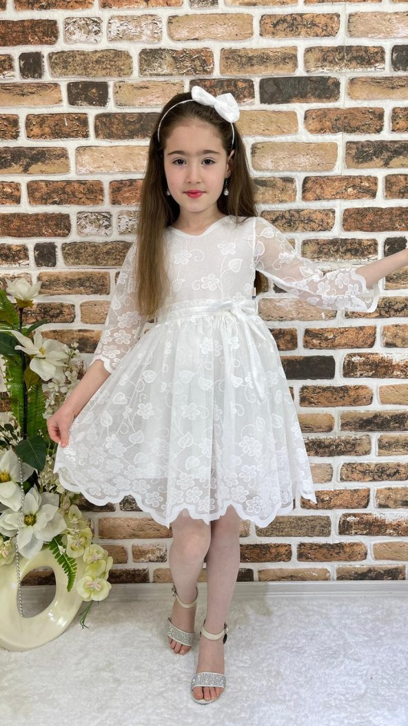 Sarmaşık Motif Kız Çocuk Dantel Yazlık Uzun Kol Elbise - 4