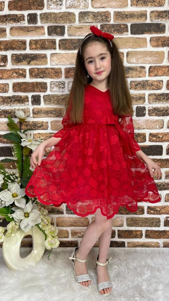 Sarmaşık Motif Kız Çocuk Dantel Yazlık Uzun Kol Elbise - 5