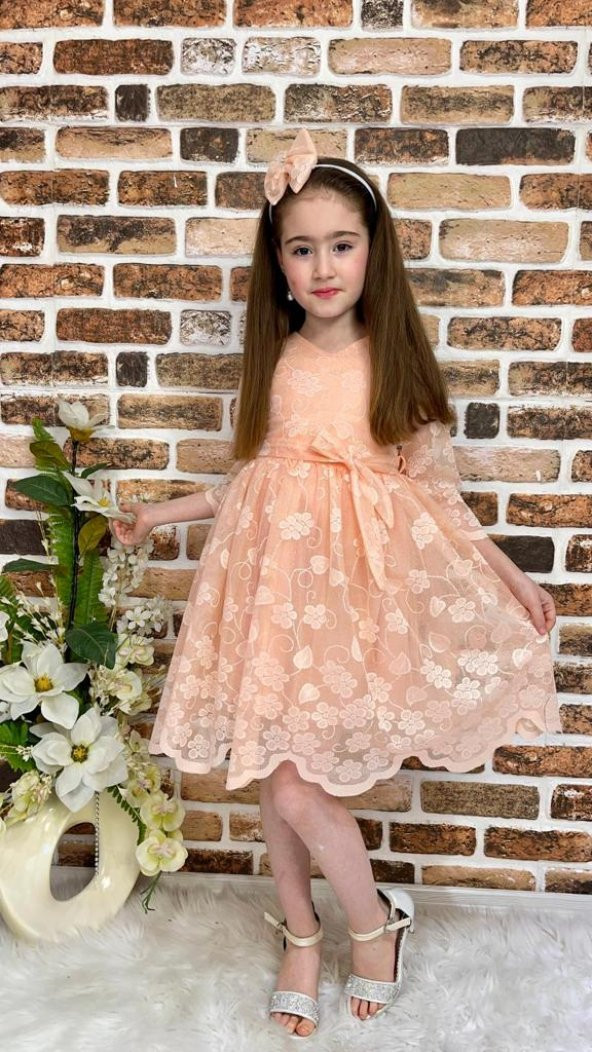 Sarmaşık Motif Kız Çocuk Dantel Yazlık Uzun Kol Elbise - 6