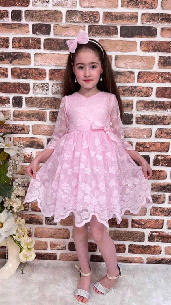 Sarmaşık Motif Kız Çocuk Dantel Yazlık Uzun Kol Elbise - 7