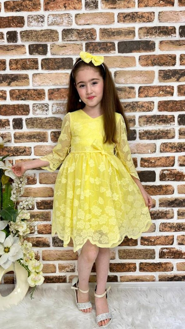 Sarmaşık Motif Kız Çocuk Dantel Yazlık Uzun Kol Elbise - 12