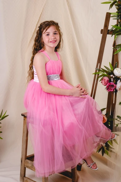 Sırt Gipeli Tütü Etek Kız Çocuk Saten Parti Abiye Elbise MNK0340 - 11