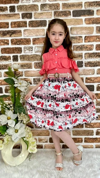 Çiçekli Viskon Gömlek Yaka Yazlık Kız Çocuk Elbise ürün görseli 1