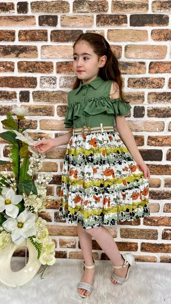 Çiçekli Viskon Gömlek Yaka Yazlık Kız Çocuk Elbise - Resim 2