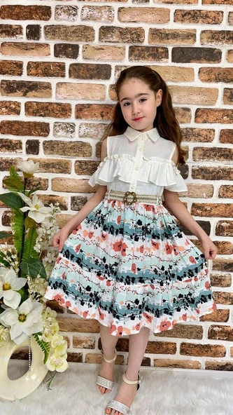 Çiçekli Viskon Gömlek Yaka Yazlık Kız Çocuk Elbise - Resim 3