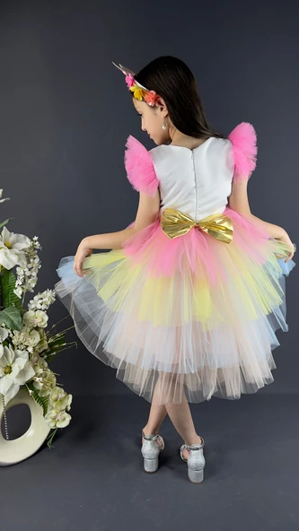 Mnk Renkli Pul Payet Tokalı Kız Çocuk Parti Elbisesi - Resim 4