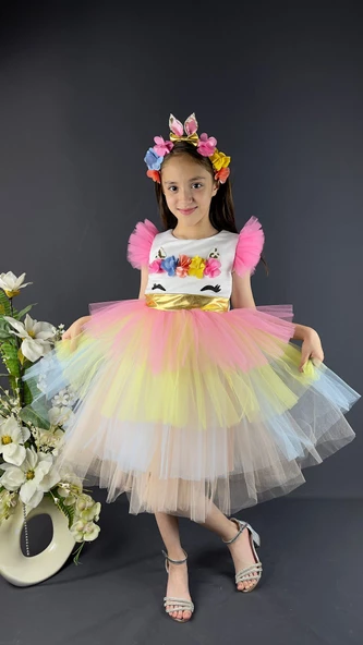 Mnk Renkli Pul Payet Tokalı Kız Çocuk Parti Elbisesi - Resim 5