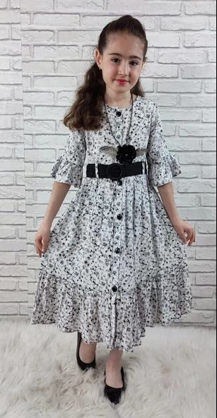Vintage Basma Kız Çocuk Elbise MNK0299 - Resim 6
