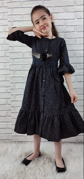 Vintage Basma Kız Çocuk Elbise MNK0299 - Resim 8