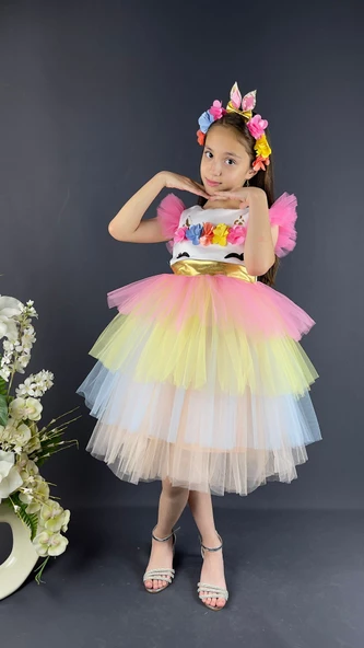 Mnk Renkli Pul Payet Tokalı Kız Çocuk Parti Elbisesi - Resim 3