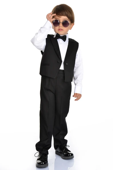 Saten Yaka Kuşaklı Yelekli Erkek Çocuk Takım