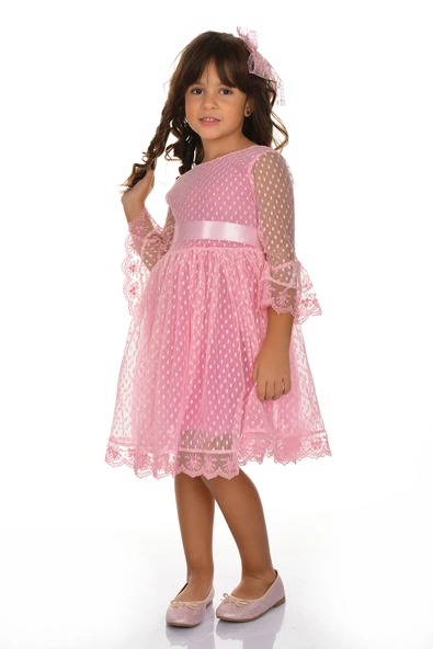 Rengarenk Fransız Dantel Tokalı Kız Çocuk Elbise - 2