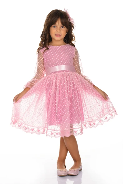 Rengarenk Fransız Dantel Tokalı Kız Çocuk Elbise - 19