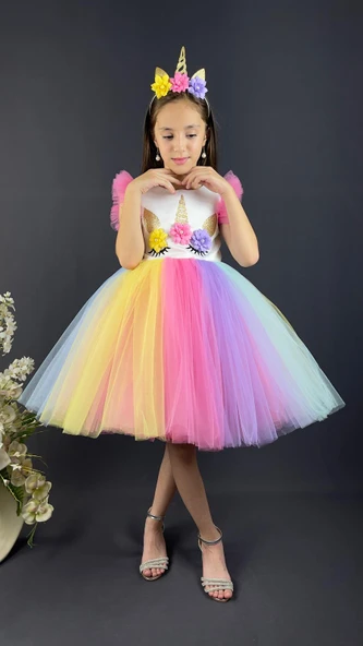 Rengarenk Etekli Kız Çocuk Parti Elbisesi - Resim 9