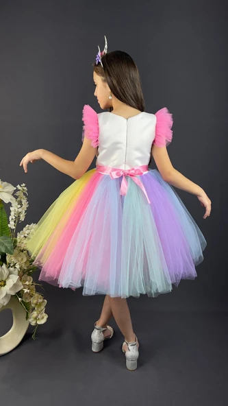 Rengarenk Etekli Kız Çocuk Parti Elbisesi - Resim 12