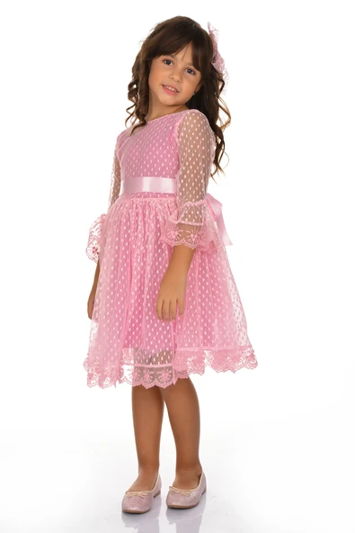 Rengarenk Fransız Dantel Tokalı Kız Çocuk Elbise - 17