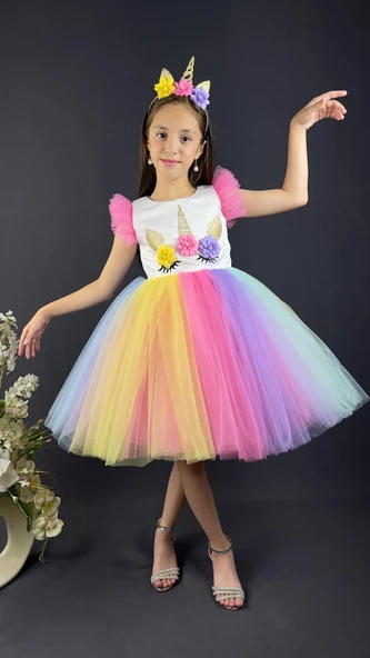 Rengarenk Etekli Kız Çocuk Parti Elbisesi - Resim 5