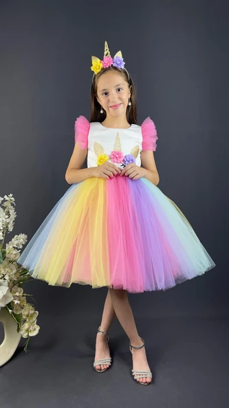 Rengarenk Etekli Kız Çocuk Parti Elbisesi - Resim 7