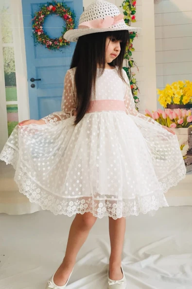 Krem Şapkalı Dantelli Kız Çocuk Elbise ürün görseli 1