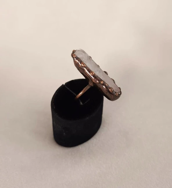 Yüzük Doğal Kuvars Drusy Taş Çelik Ayarlanabilir Kadın Erkek Takı - 3