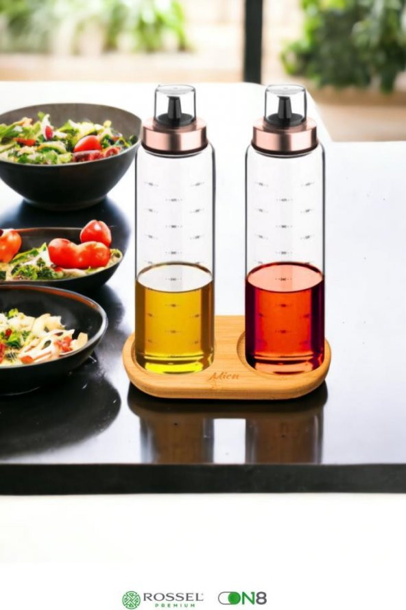 Rossel Premium Bambu Standlı Damlatmaz Borosilikat 2li Cam Yağlık 500ml Bakır - 2