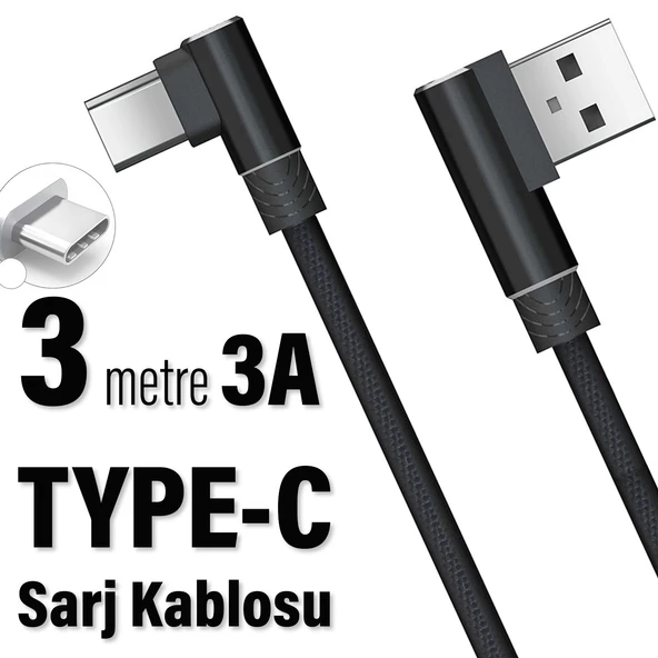 Type-C Şarj Kablosu 3M 3 Amper Hızlı USB - TYPE C 3 Metre Uzun