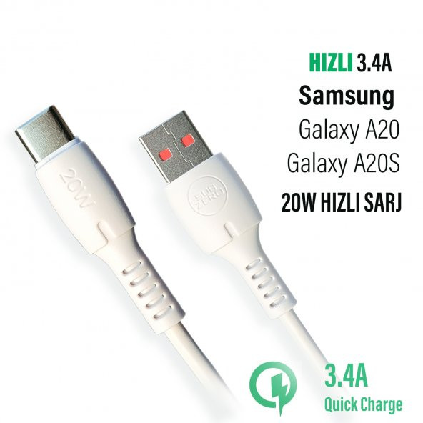 Samsung Galaxy A20 ve A20S Uyumlu Type-C Hızlı Şarj Kablosu