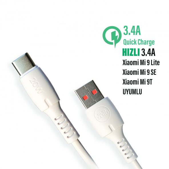 Xiaomi Mi 9 Lite - Mi 9 SE Uyumlu Type C Hızlı Şarj Kablosu 20W 3.4A
