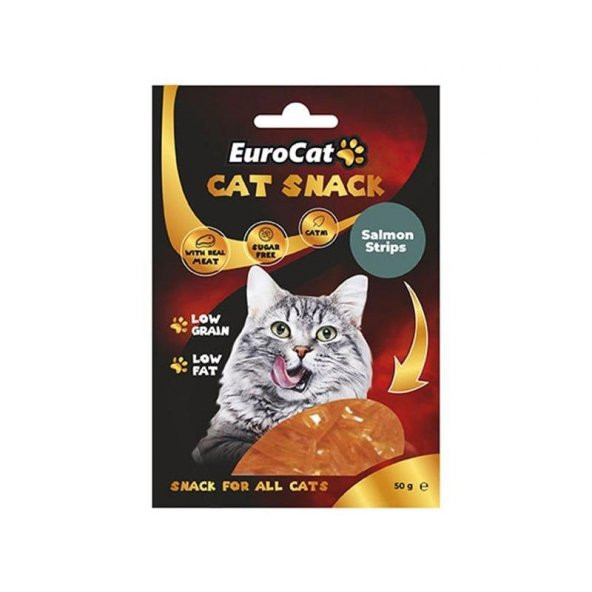 EuroCat Tahılsız Şekersiz Kurutulmuş Et Cat Somon Strips Flakes Kedi Ödülü 50 Gr