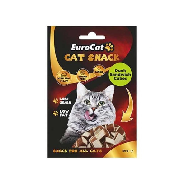 EuroCat Tahılsız Şekersiz Kurutulmuş Et Cat Duck Sandwich Flakes Kedi Ödülü 50 Gr