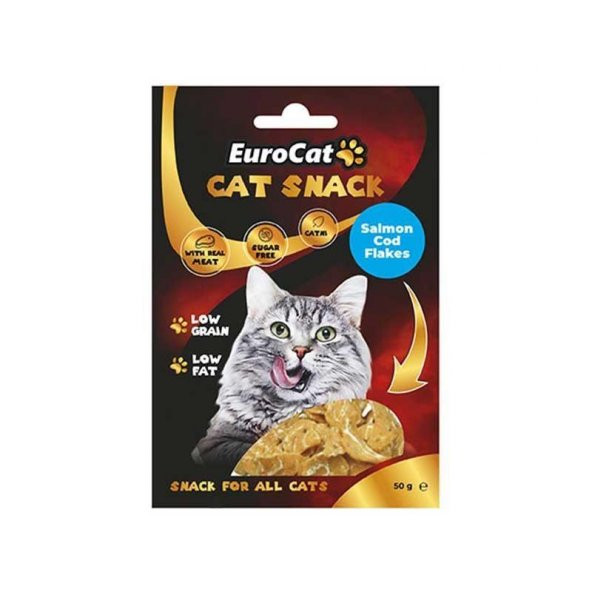 EuroCat Tahılsız Şekersiz Kurutulmuş Et Cat Somon Cod Flakes Kedi Ödülü 50 Gr