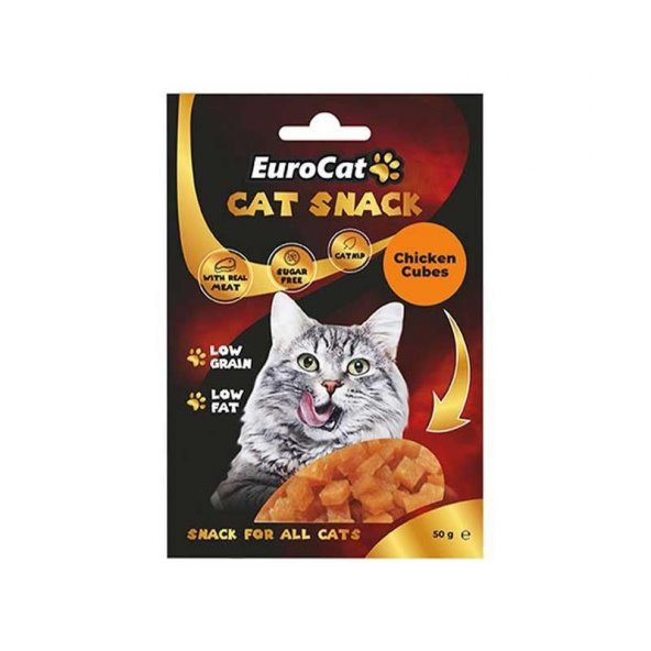 EuroCat Tahılsız Şekersiz Kurutulmuş Et Cat Chicken Cubes Flakes Kedi Ödülü 50 Gr