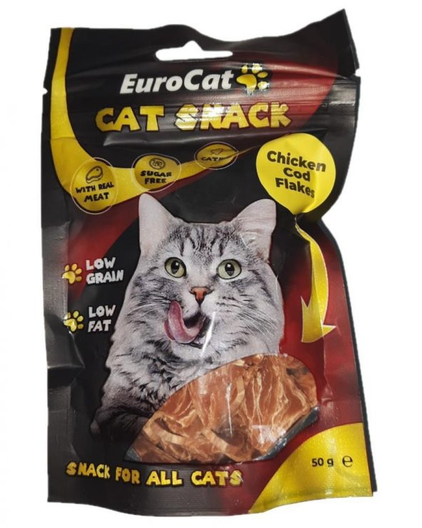 EuroCat Tahılsız Şekersiz Kurutulmuş Et Cat Chicken Cod Flakes Kedi Ödülü 50 Gr