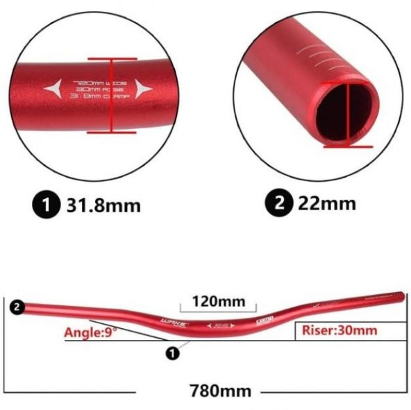 Wake Alüminyum 31.8 780mm Riser Mtb Gidon Bisiklet Gidonu Kırmızı - Resim 3