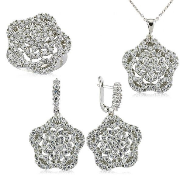 Gümüş Zirkon Taşlı Çiçek Bayan Set SL2303 - 1
