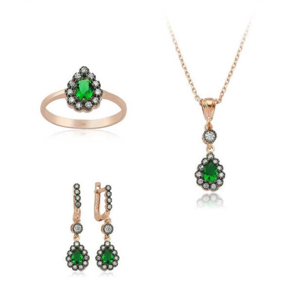 Gümüş Yeşil Taşlı Damla Bayan Set  SL2254 - 1