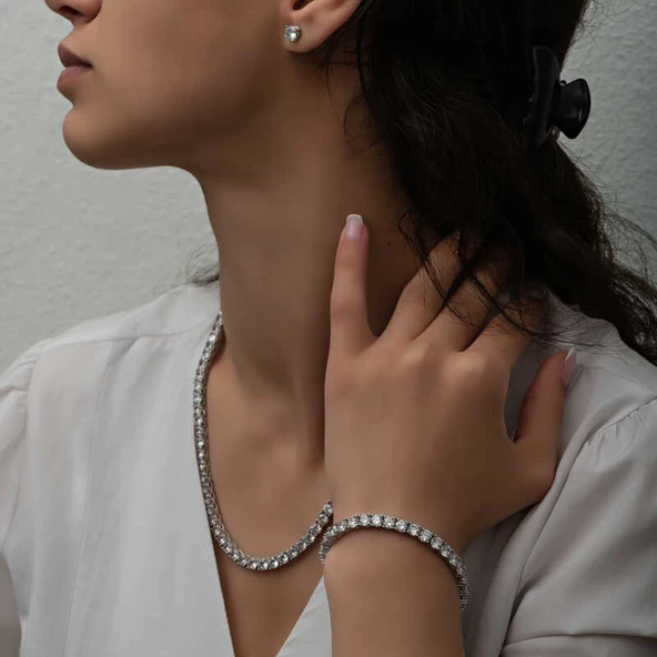 Gümüş 3 mm Beyaz Taşlı Su Yolu Kadın Set - Resim 4