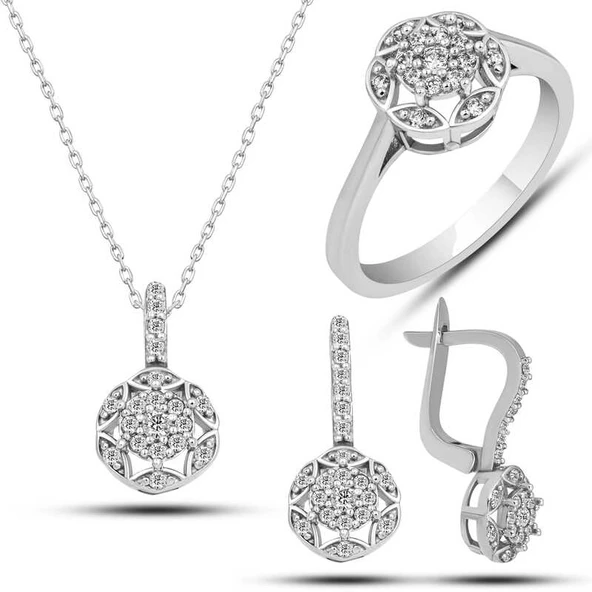 Gümüş Beyaz Zirkon Taşlı Çiçek Kadın Set SL5730 - Resim 2